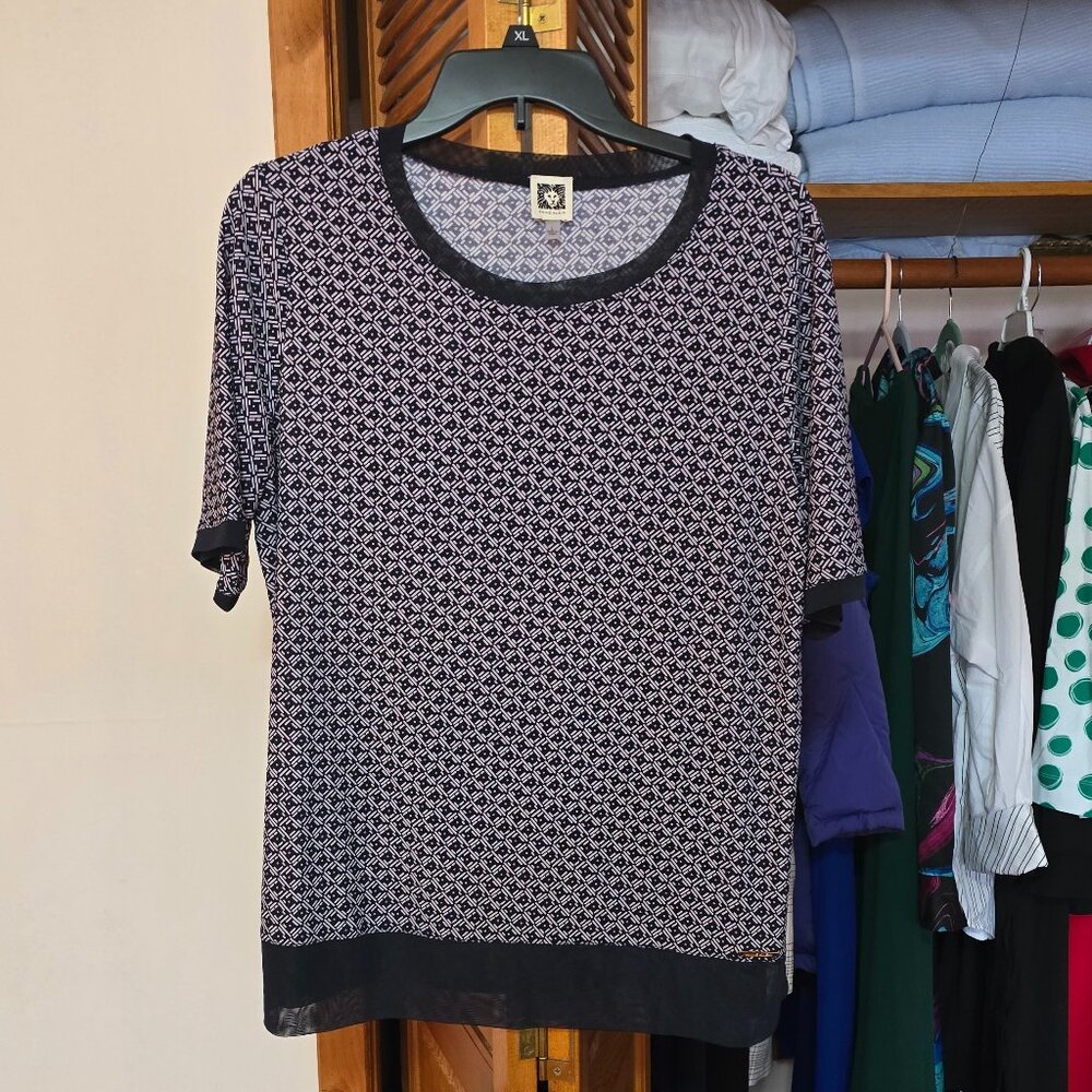 Anne Klein Navy & White Patterned Mesh Trim Top Size Large